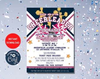 Cheerleader Invite Template, School Event Party Invitation, School Fundraising Event Printable Card, Instant Download Card, MLN94