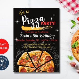 Pizza Party Invite Template, Pizza Birthday Party Invitation, Editable 5th Birthday Event Celebration, Instant Download Card, MLN89