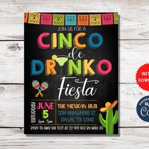 Convite Cinco De Drinko Fiesta, quadro-negro para impressão, festa de aniversário para adultos, convite para festa mexicana Cinco De Mayo, MLN177