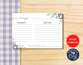 Recipe Cards Landscape Style, Customize Recipe Instant Download,  Editable Printable Recipe Card Template, MLN55A