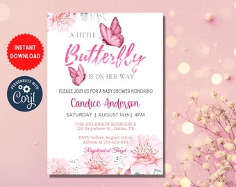 Butterfly Theme Baby Shower Invite, Cute New Baby Celebration, Customize Editable Card Invitation, Party Instant Download, MLN73