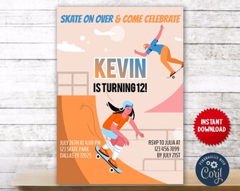 Skateboard Theme Birthday Party Invite, Skater Kids Skateboarding Personalized Editable Invitation Digital File, JVN14