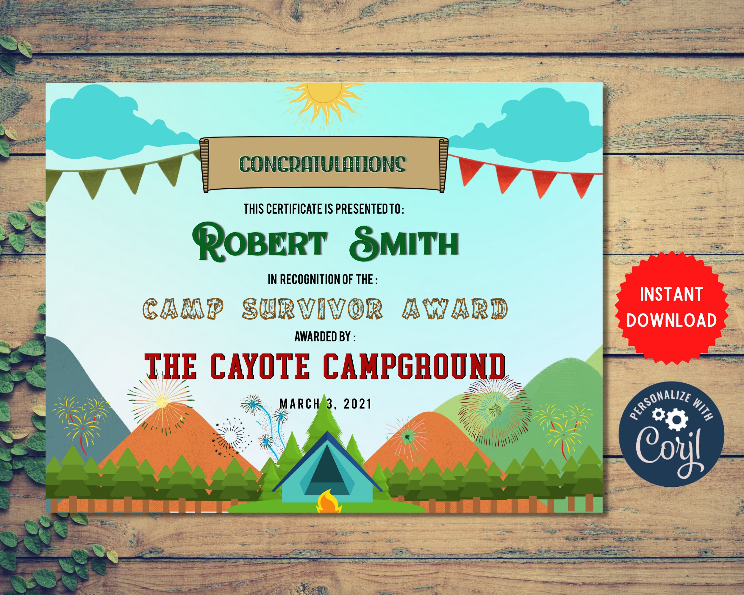 Instant Download, Printable Camp Survivor Certificate, Camping Award ...