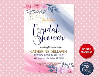 Bridal Shower Invite Template, Bridal Shower Invitation, Instant Download Printable Editable Wedding Card, Watercolor Summer Flowers, MLN2