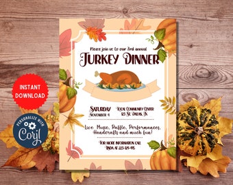 Turkey Dinner Flyer Invite Template, Thanksgiving Party Invitation, Editable Family Event Celebration, Instant Download Card, MLN97