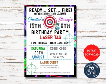 Laser Tag Sibling Party, Birthday Celebration Invite, Customize Editable Invitation, Laser Tag Birthday Celebration Instant Download, MLN57