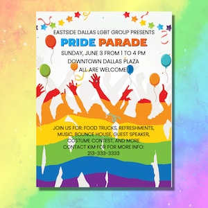 Könnte beinhalten: Ein farbenfrohes Plakat, das eine Pride Parade auf dem Downtown Dallas Plaza am 3. Juni ankündigt. Das Plakat zeigt eine Regenbogenflagge, Silhouetten von feiernden Menschen und den Text "Eastside Dallas LGBT Group Presents Pride Parade".