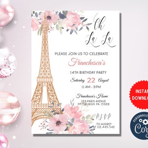 Paris Theme Birthday Invite, Girls Sweet Birthday Party France Celebration, Customize Editable Card Invitation, Instant Download, MLN63