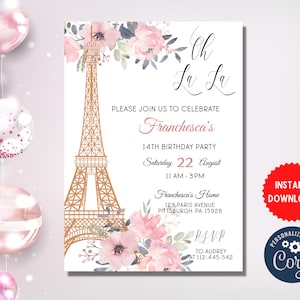 Paris Theme Birthday Invite, Girls Sweet Birthday Party France Celebration, Customize Editable Card Invitation, Instant Download, MLN63