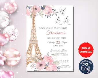 Paris Theme Birthday Invite, Girls Sweet Birthday Party France Celebration, Customize Editable Card Invitation, Instant Download, MLN63