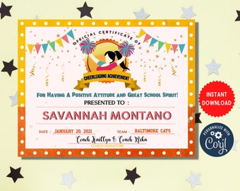 Cheerleader Certificate Instant Download, Cheerleading Award, Cheerleading Printable, Sportsmanship Award, Sports Certificate MLN139