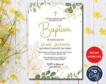 Baptism Invite Template, Cute New Baby Celebration, Customize Editable Card Invitation, Garden Style Baptism Party Instant Download, MLN74