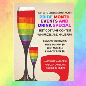 Könnte beinhalten: Ein farbenfrohes Plakat, das für Pride Month-Veranstaltungen in der Nate's Bar and Grill wirbt. Das Plakat zeigt zwei Champagnergläser, gefüllt mit regenbogenfarbenen Getränken, und den Text "Pride Month Events and Drink Special".