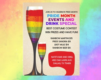Rainbow Pride Bar Restaurant Event Drink Sale Flyer Poster - LGBTQ Celebration Printable Editable Corjl Design Instant Download SS529