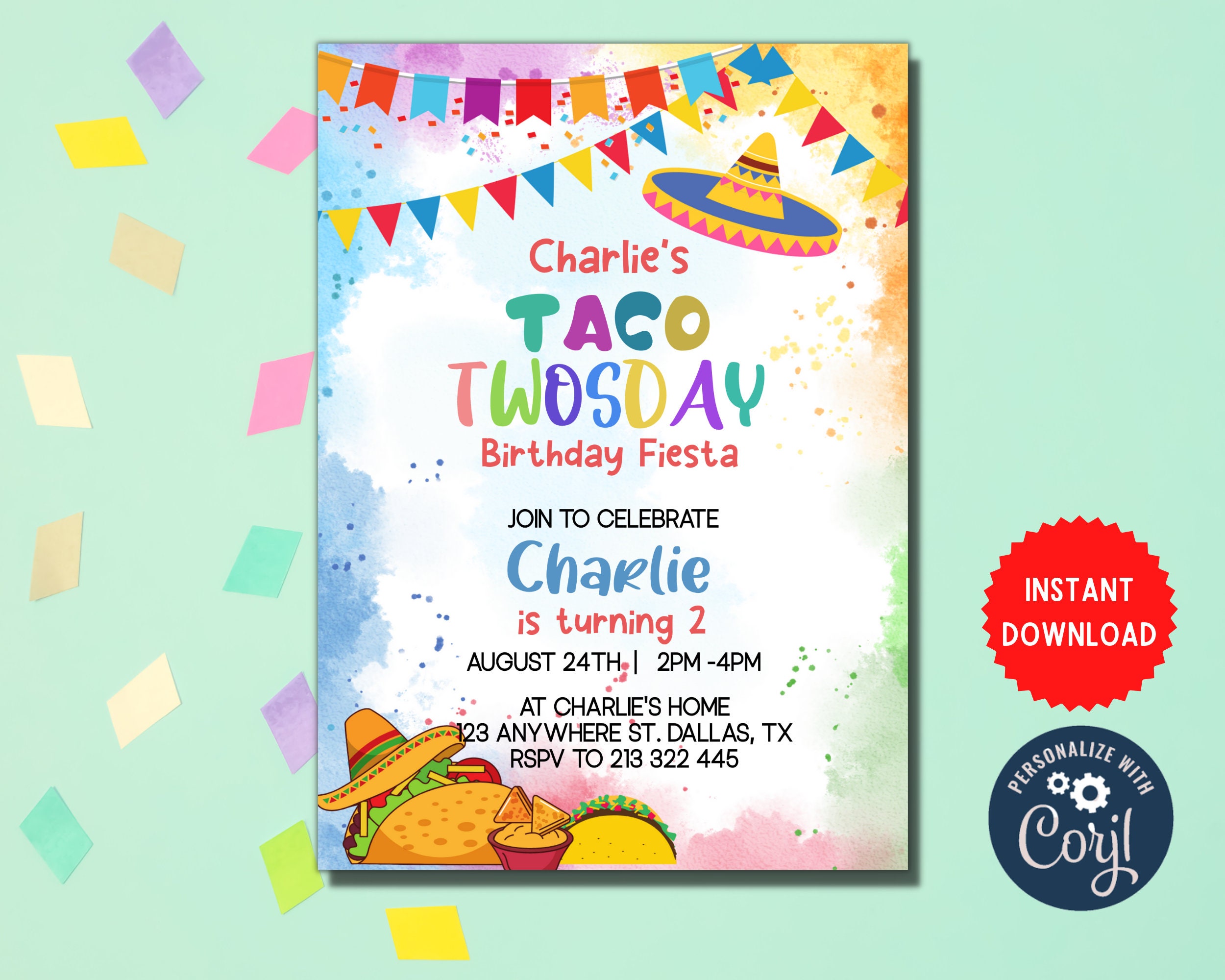 Taco Twosday Party 2nd Birthday Fiesta Invite Customize Editable Invitation Taco Theme Birthday Celebration Instant Download
