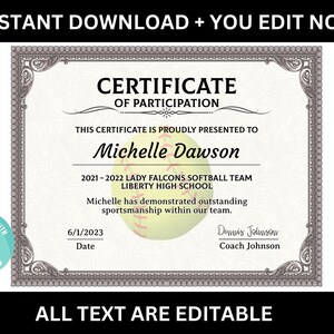 Softball Award | Editable Certificate Template | Girls Softball Team Participation Award | Editable Softball Certificate Template SS917