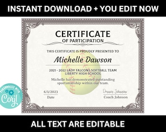 Softball Award | Editable Certificate Template | Girls Softball Team Participation Award | Editable Softball Certificate Template SS917