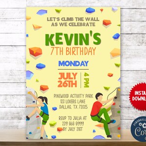 Wall Climbing Sports Theme Birthday Party Invite, Kids Wall Climber Personalized Editable Invitation Digital File, JVN23