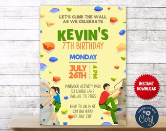 Wall Climbing Sports Theme Birthday Party Invite, Kids Wall Climber Personalized Editable Invitation Digital File, JVN23