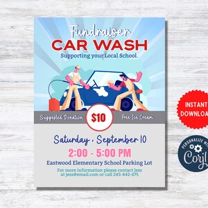 Editable Car Wash Theme Event Flyer, PTO Fundraiser, PTA School Event, Church Fundraiser, Charity Poster, Printable Template, MLN158