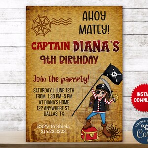 Pirate Girl Adventure Birthday Celebration Invite, Customize Editable Invitation, Pirate Ship Party Celebration Instant Download, MLN17