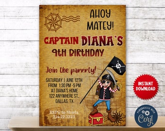 Pirate Girl Adventure Birthday Celebration Invite, Customize Editable Invitation, Pirate Ship Party Celebration Instant Download, MLN17
