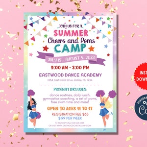 Invitación al campamento de verano para niños, Plantilla de volante A4, Folleto de evento escolar, Entrenamiento de campamento de verano, Folleto del campamento de animación, Plantilla digital, MLN207