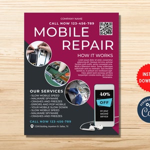 Mobiele reparatiesjabloon, servicereparatieflyer, bewerkbare bedrijfsopening, smartphonereparatie, doe-het-zelf-kaart, MLN192 afbeelding 1