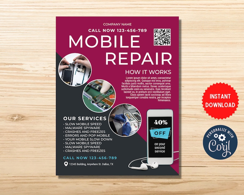 Mobiele reparatiesjabloon, servicereparatieflyer, bewerkbare bedrijfsopening, smartphonereparatie, doe-het-zelf-kaart, MLN192 afbeelding 1