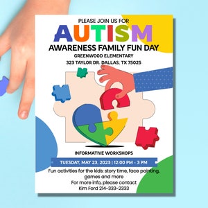 Autism Awareness Event Flyer - Family Fun Day Fundraisers, School Charity Events Template & Awareness Campaigns Editable Corjl SS525