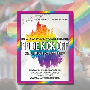May include: A pink poster with rainbow paint splatters announcing the "Pride Kick Off" event. The event is sponsored by the Dallas LGBT Group and will take place on Sunday, June 4, 2023 at 9:00 AM at the Dallas Convention Center. The poster also includes the website address: www.dallaspridegroup.com.