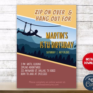 Zipline Adventure Invite, Birthday Celebration Invite, Customize Editable Invitation, Zipline Party Celebration Instant Download, MLN14