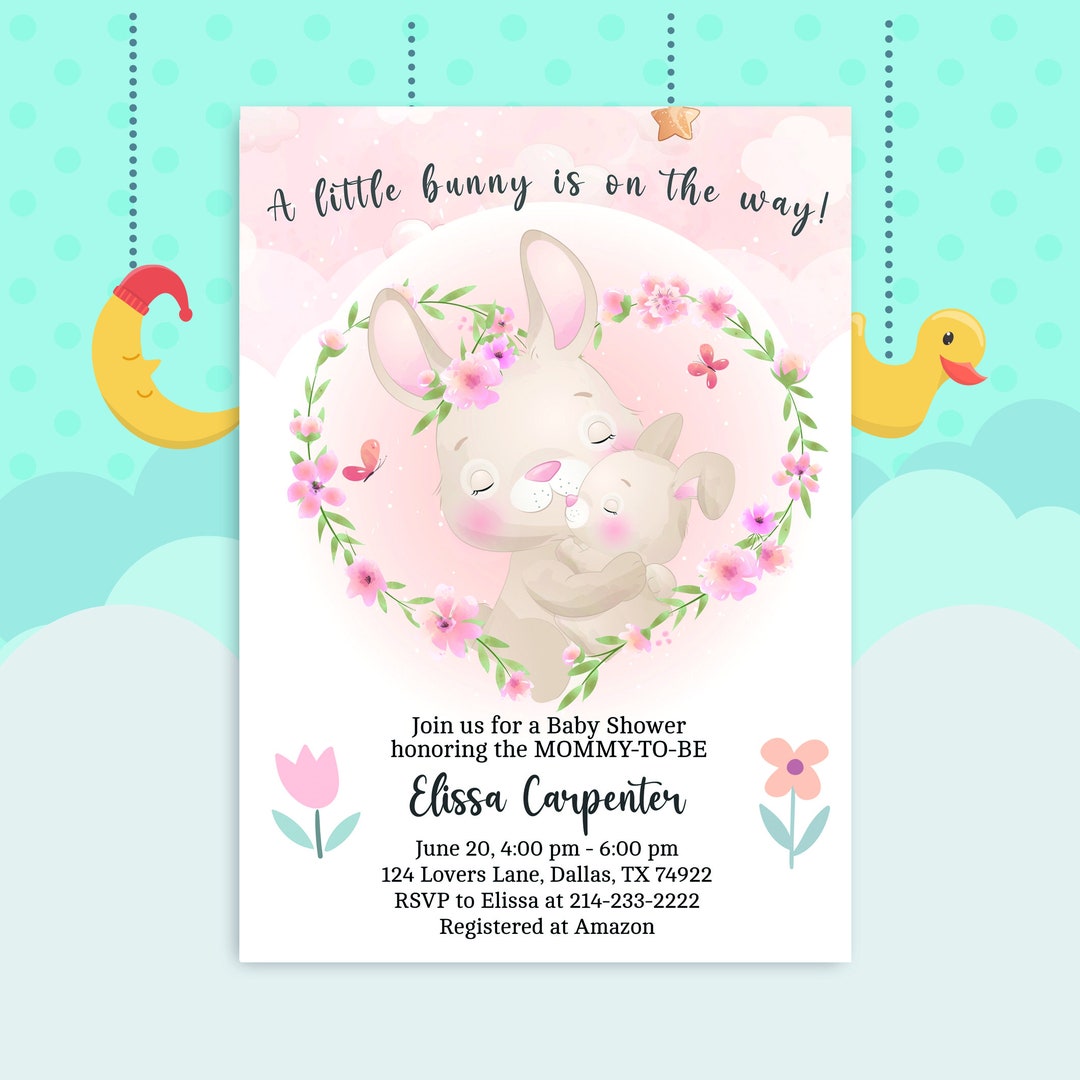 Baby Shower Invite Cute Bunny Rabbit Girl Pink Rustic Invitation Moon ...