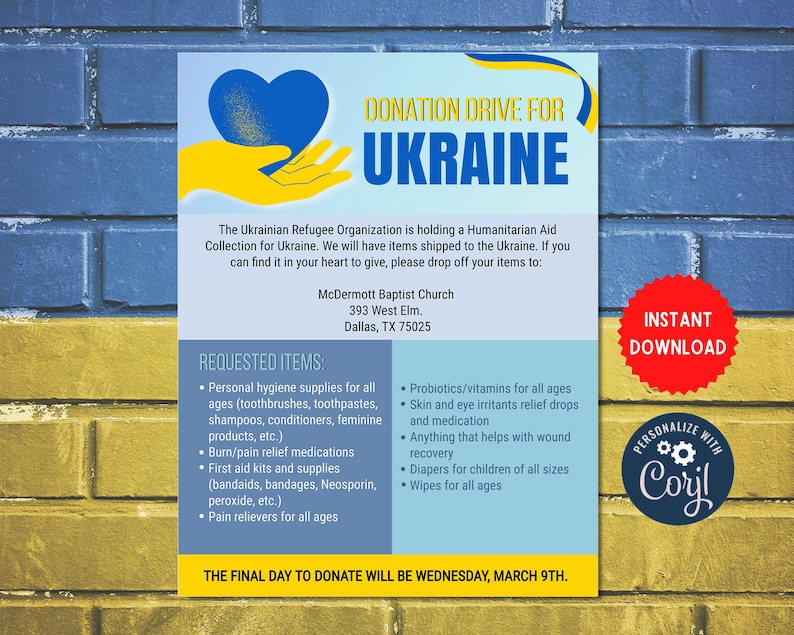 Ukraine Donation Flyer Charity Help Donate Conflict Food Clothing Drive