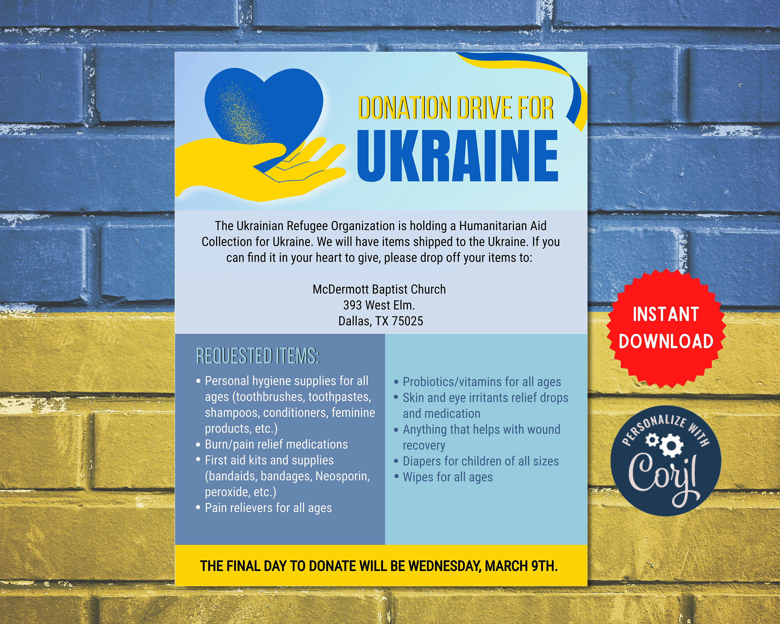 Ukraine Donation Flyer Charity Help Donate Conflict Food Clothing Drive