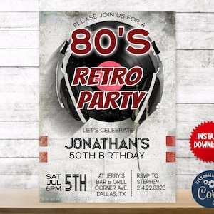 Convite para festa retrô dos anos 80 Convite editável, convite para download instantâneo para celebração de festa vintage, MLN40