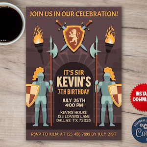 Knights Theme Birthday Party Invite, Kids Medieval Personalized Editable Invitation Digital File JVN13