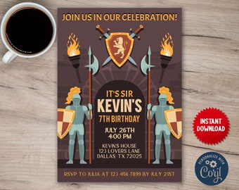 Knights Theme Birthday Party Invite, Kids Medieval Personalized Editable Invitation Digital File JVN13