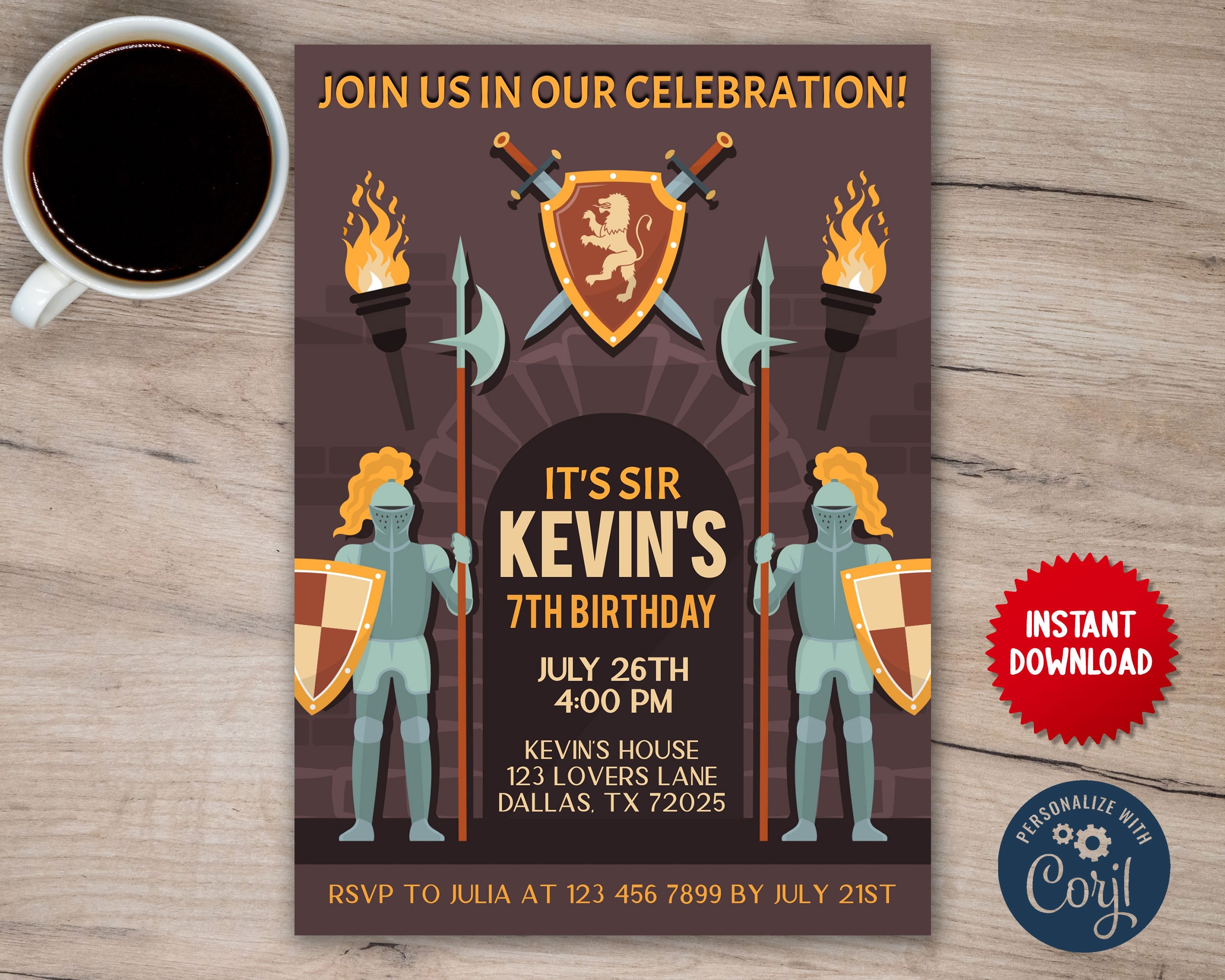 Knights Theme Birthday Party Invite, Kids Medieval Personalized