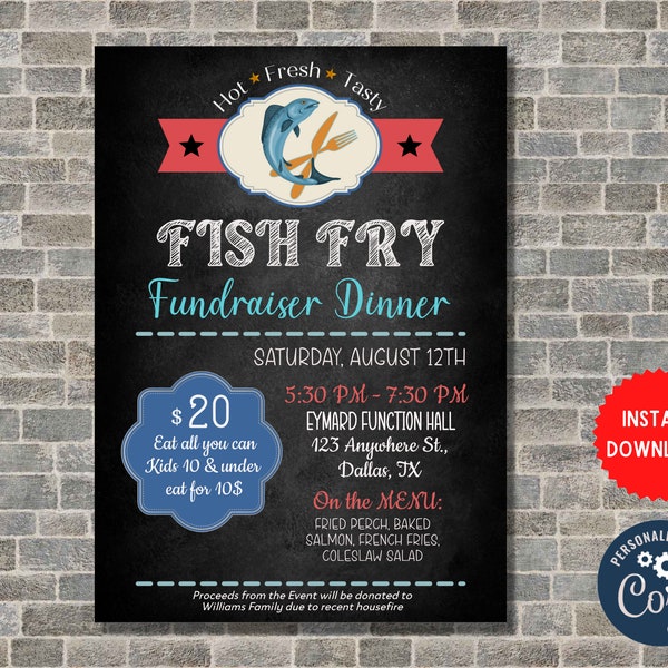 Fish Fry Dinner Party, Personalize Fundraising Event Invite, Customize Fish Fry Editable Invitation, Instant Download, MLN60