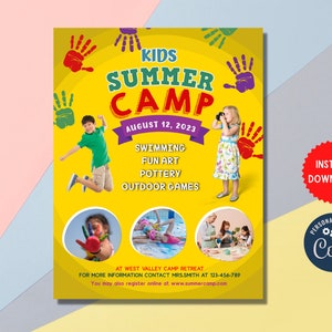 Kids Summer Camp Corjl, A4 Flyer Template, School Event Flyer, Summer Camp Training, Summer Camp Flyer, Template Digital, MLN198