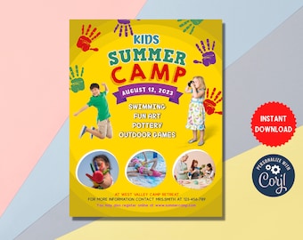 Kids Summer Camp Corjl, A4 Flyer Template, School Event Flyer, Summer Camp Training, Summer Camp Flyer, Template Digital, MLN198