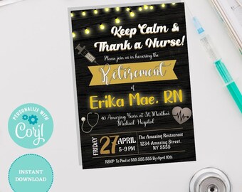 Invitación de jubilación de enfermera fiesta folleto imprimible invitar a jubilado RN médico estadísticas de carrera de enfermera personalizadas Corjl ERK4