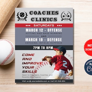 Coaches Clinic Event corjl Template, A4 Sports Flyer Template, Sports Clinic Flyer, Baseball Training, Softball Flyer, MLN202