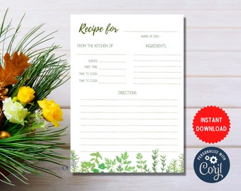 Recipe Cards Portrait Style, Customize Recipe Instant Download,  Editable Printable Recipe Card Template, MLN55B