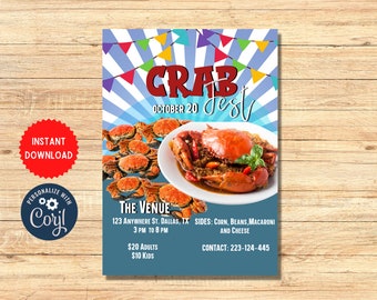May include: A colorful poster advertising a crab fest on October 20th. The poster features a large image of a plate of crab with a red and white background. The text on the poster reads "CRAB Fest" and includes the date, time, location, and contact information.