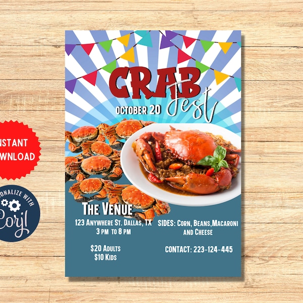 Crab Fest Flyer, Printable Crab feast, Crab Boil invite, Seafood printable flyer, seafood menu template  Instant Download Card, MLN105