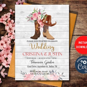 Plantilla de invitación de estilo occidental, invitación de boda de vaquero, tarjeta de boda de descarga instantánea, celebración de fiesta de boda editable personalizada, MLN68
