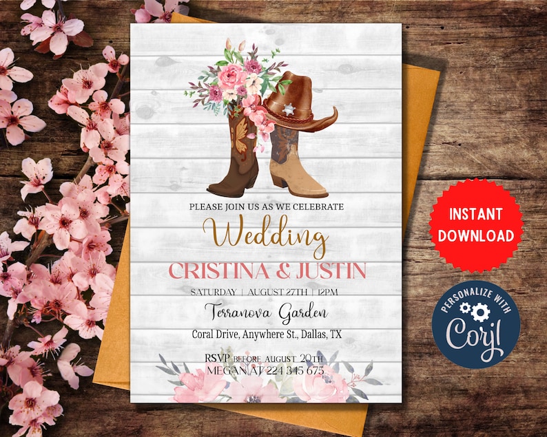 Western Style Invite Template, Cowboy Wedding Invitation, Instant Download Wedding Card, Custom Editable Wedding Party Celebration, MLN68 image 1