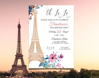 Paris Theme Birthday Invite, Girls Sweet Birthday Party France Celebration, Customize Editable Card Invitation, Instant Download, MLN63a